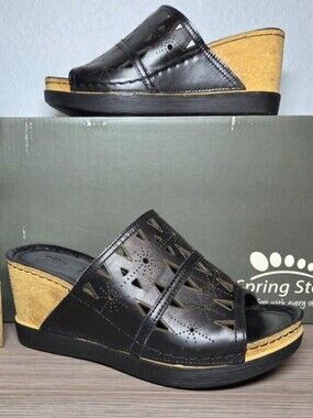 Spring Step Fusa Wedge Sandals Black Leather Women’s 36 (5.5–6) New!!!